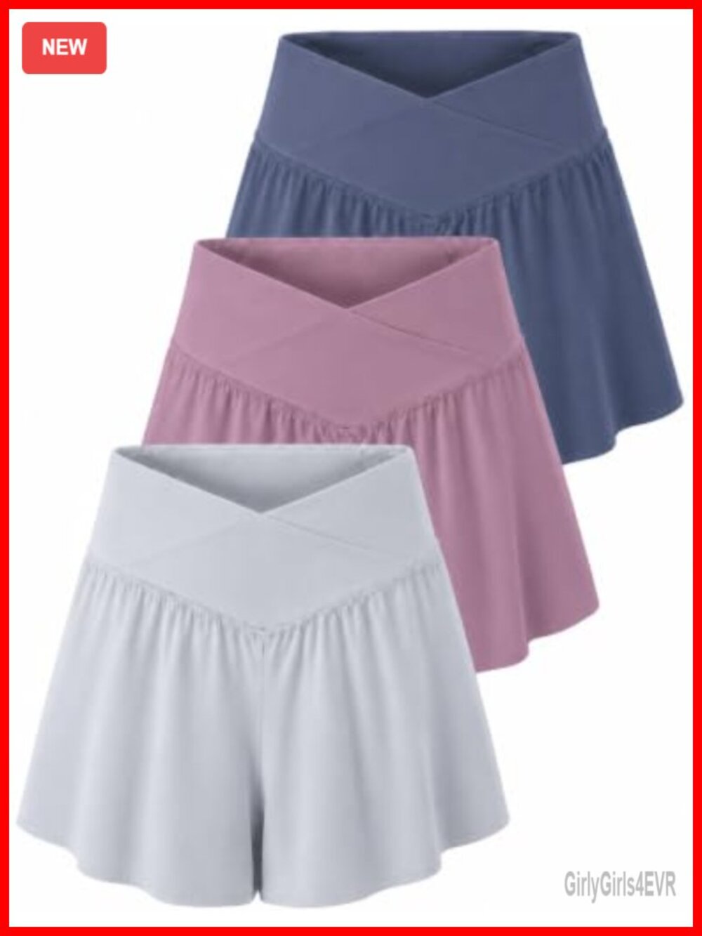 2-in-1 Flowy Running Shorts Crossover Waist Pockets 3-Pack Athletic